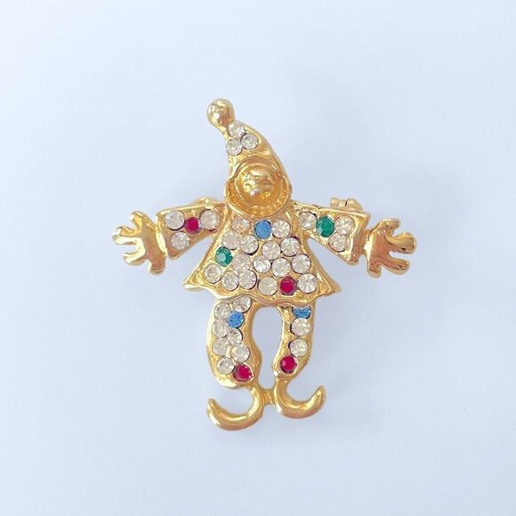 Gold Rhinestone Jester Clown Brooch Pin - Picture 1 of 3